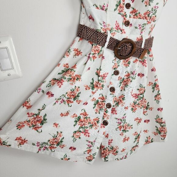 Mind Code Cotton Mini Dress Floral Cream Belted Wooden Button Size M - Picture 10 of 16